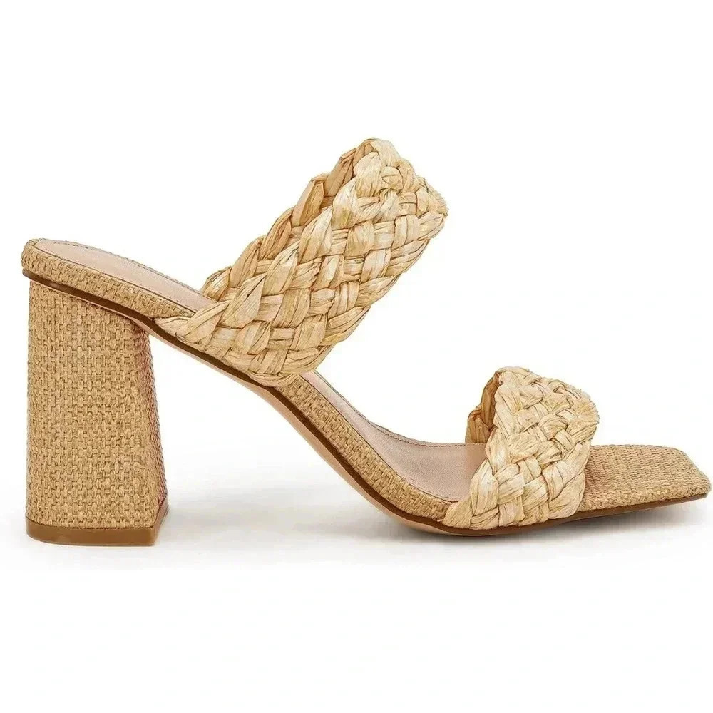 Womens' Braided Heeled Sandals Backless Square Open Toe Block Slide Size‎ 9.5